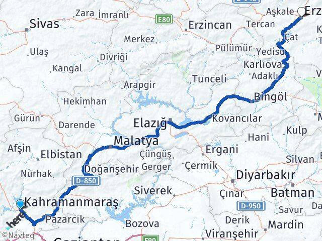 Kahramanmaraş Dulkadiroğlu Erzurum Arası Kaç Km - Yol Haritası