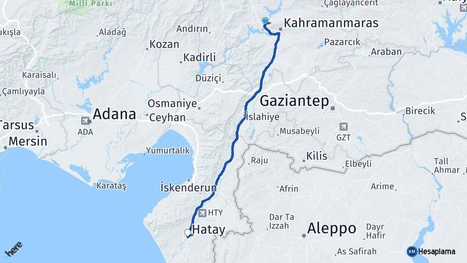 Kahramanmaraş Dulkadiroğlu Hatay Arası Kaç Km - Yol Haritası