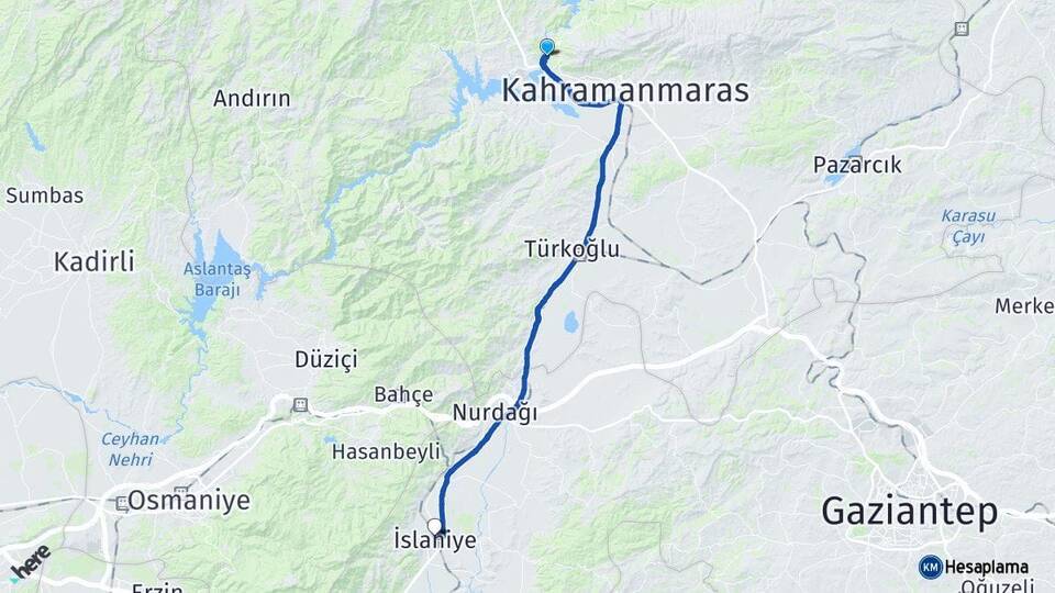 Kahramanmaraş Dulkadiroğlu İslahiye Gaziantep Arası Kaç Km - Yol Haritası
