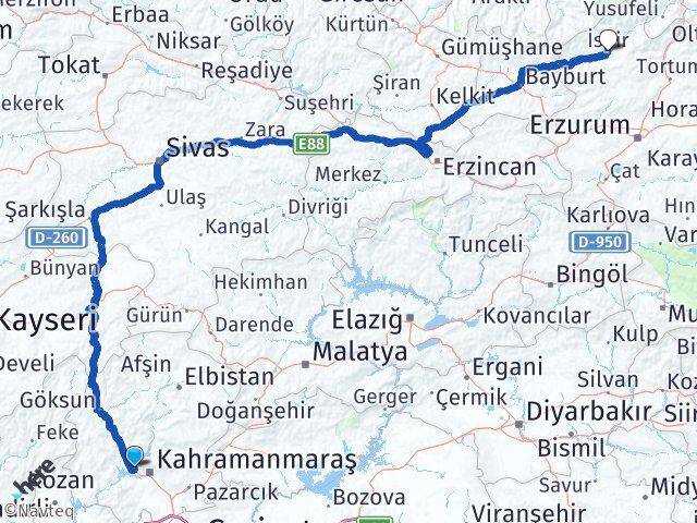 Kahramanmaraş Dulkadiroğlu İspir Erzurum Arası Kaç Km - Yol Haritası