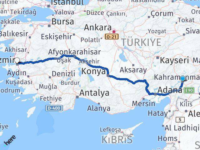 Kahramanmaraş Dulkadiroğlu İzmir Arası Kaç Km - Yol Haritası