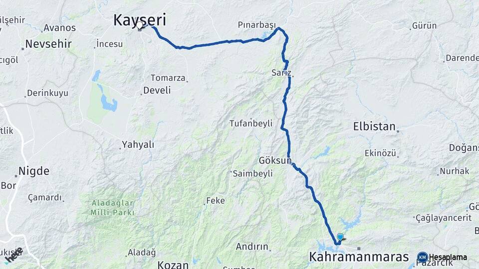 Kahramanmaraş Dulkadiroğlu Kayseri Arası Kaç Km - Yol Haritası