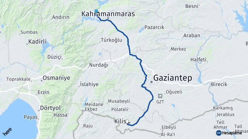 Kahramanmaraş Dulkadiroğlu Kilis Arası Kaç Km - Yol Haritası