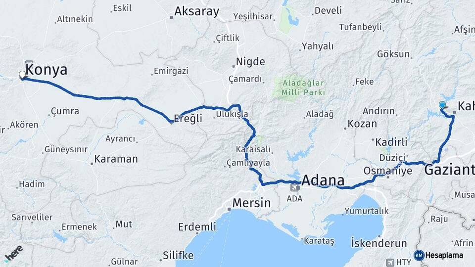 Kahramanmaraş Dulkadiroğlu Konya Arası Kaç Km - Yol Haritası