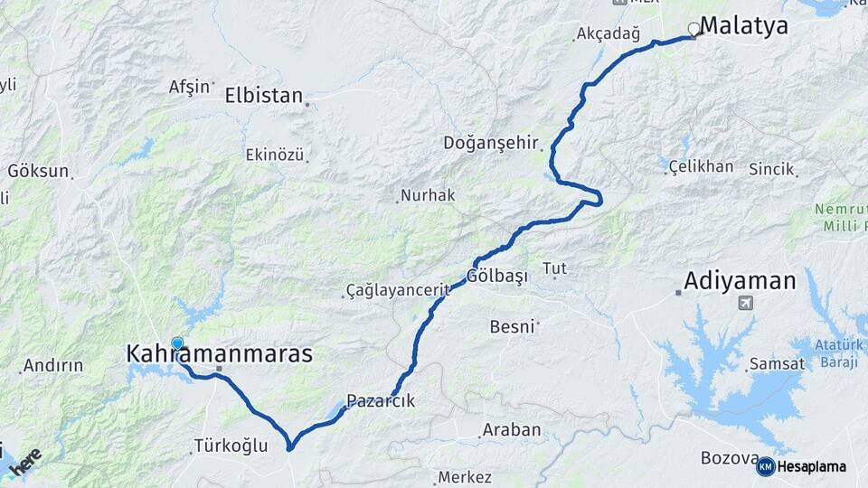 Kahramanmaraş Dulkadiroğlu Malatya Arası Kaç Km - Yol Haritası