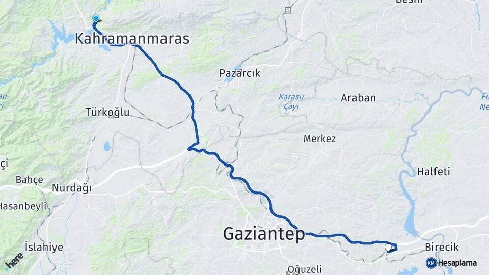 Kahramanmaraş Dulkadiroğlu Nizip Gaziantep Arası Kaç Km - Yol Haritası