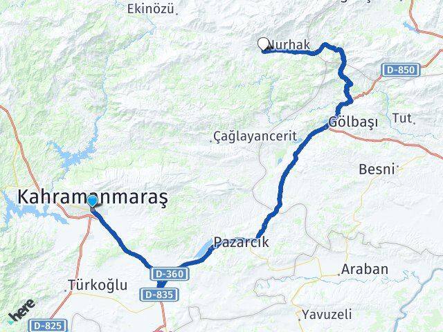 Kahramanmaraş Dulkadiroğlu Nurhak Arası Kaç Km - Yol Haritası