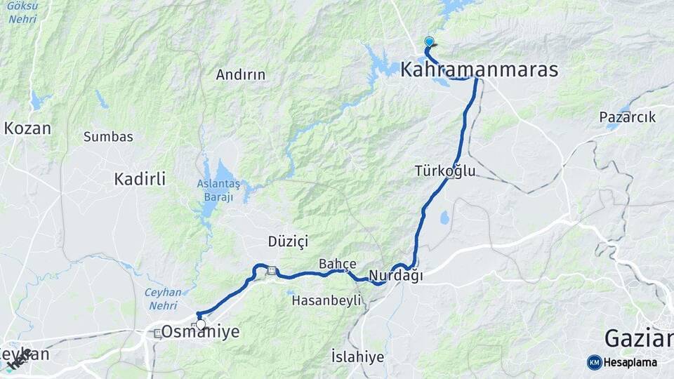 Kahramanmaraş Dulkadiroğlu Osmaniye Arası Kaç Km - Yol Haritası