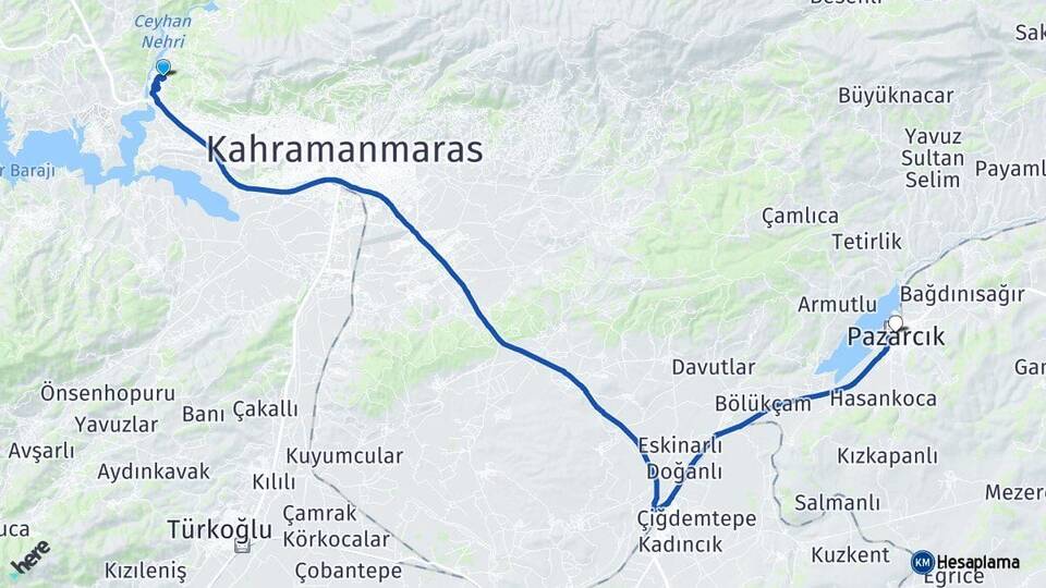 Kahramanmaraş Dulkadiroğlu Pazarcık Arası Kaç Km - Yol Haritası
