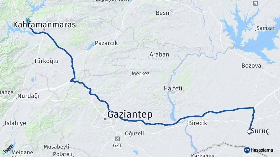 Kahramanmaraş Dulkadiroğlu Suruç Şanlıurfa Arası Kaç Km - Yol Haritası