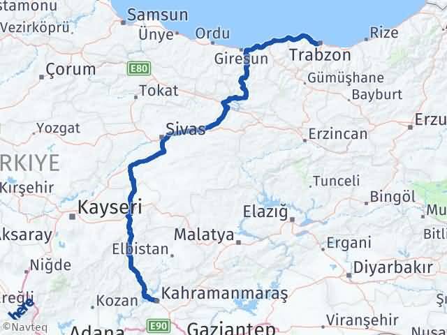 Kahramanmaraş Dulkadiroğlu Trabzon Arası Kaç Km - Yol Haritası