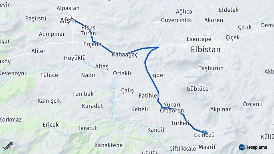 Kahramanmaraş Ekinözü Afşin Arası Kaç Km - Yol Haritası