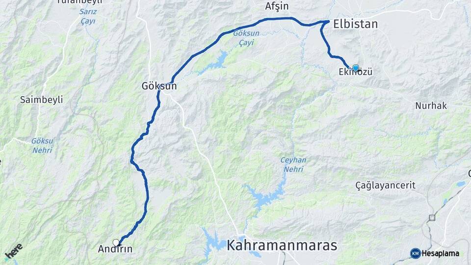 Kahramanmaraş Ekinözü Andırın Arası Kaç Km - Yol Haritası