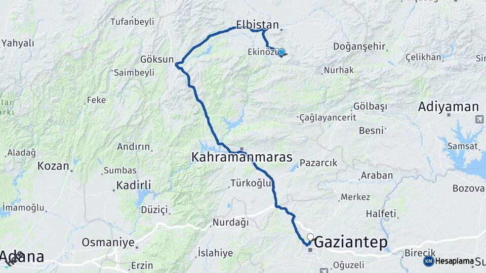 Kahramanmaraş Ekinözü Gaziantep Arası Kaç Km - Yol Haritası