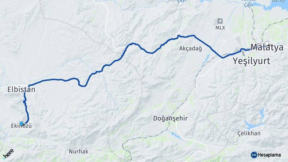 Kahramanmaraş Ekinözü Malatya Arası Kaç Km - Yol Haritası
