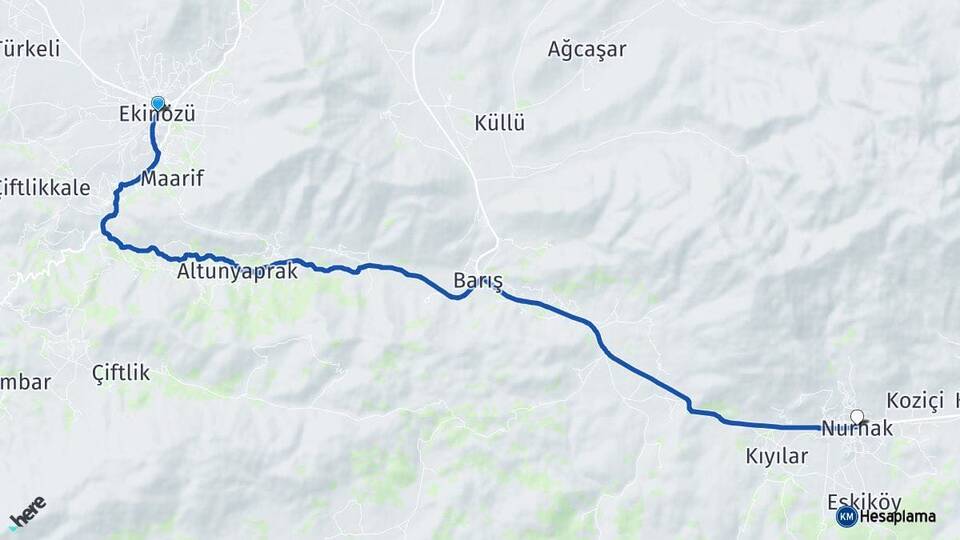 Kahramanmaraş Ekinözü Nurhak Arası Kaç Km - Yol Haritası