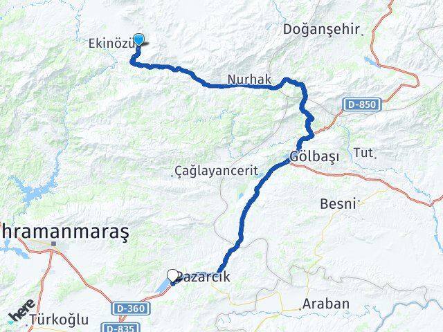 Kahramanmaraş Ekinözü Pazarcık Arası Kaç Km - Yol Haritası