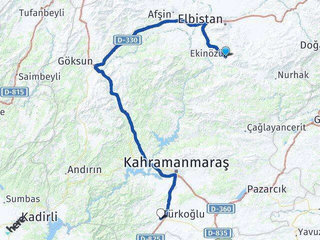 Kahramanmaraş Ekinözü Türkoğlu Arası Kaç Km - Yol Haritası