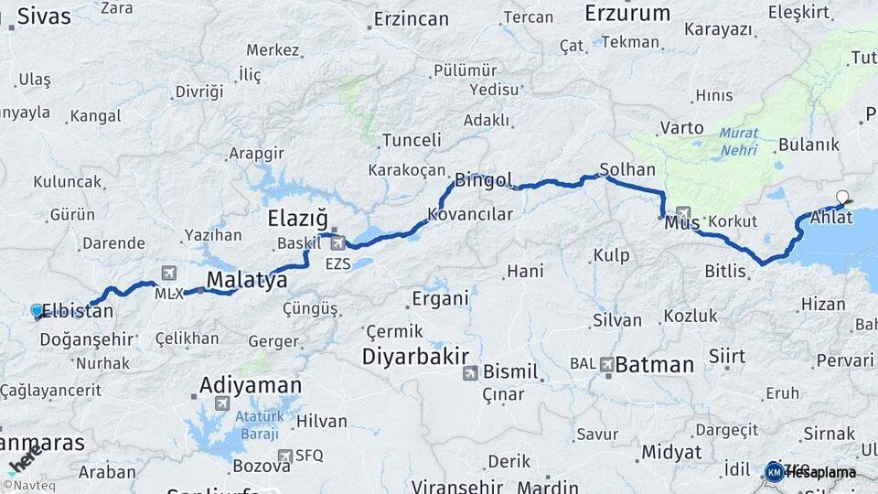 Kahramanmaraş Elbistan Adilcevaz Bitlis Arası Kaç Km - Yol Haritası