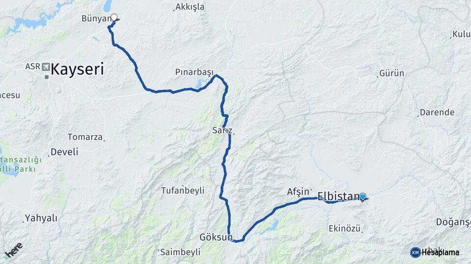 Kahramanmaraş Elbistan Bünyan Kayseri Arası Kaç Km - Yol Haritası