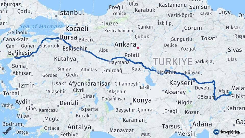 Kahramanmaraş Elbistan Edremit Balıkesir Arası Kaç Km - Yol Haritası