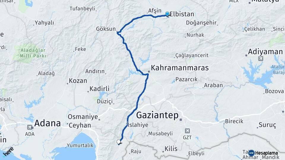 Kahramanmaraş Elbistan Hassa Hatay Arası Kaç Km - Yol Haritası