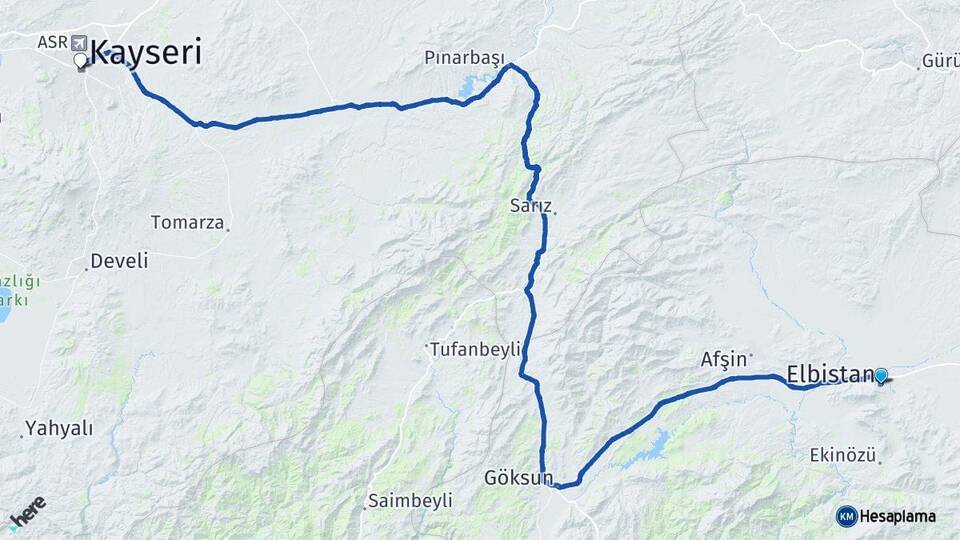 Kahramanmaraş Elbistan Kayseri Arası Kaç Km - Yol Haritası