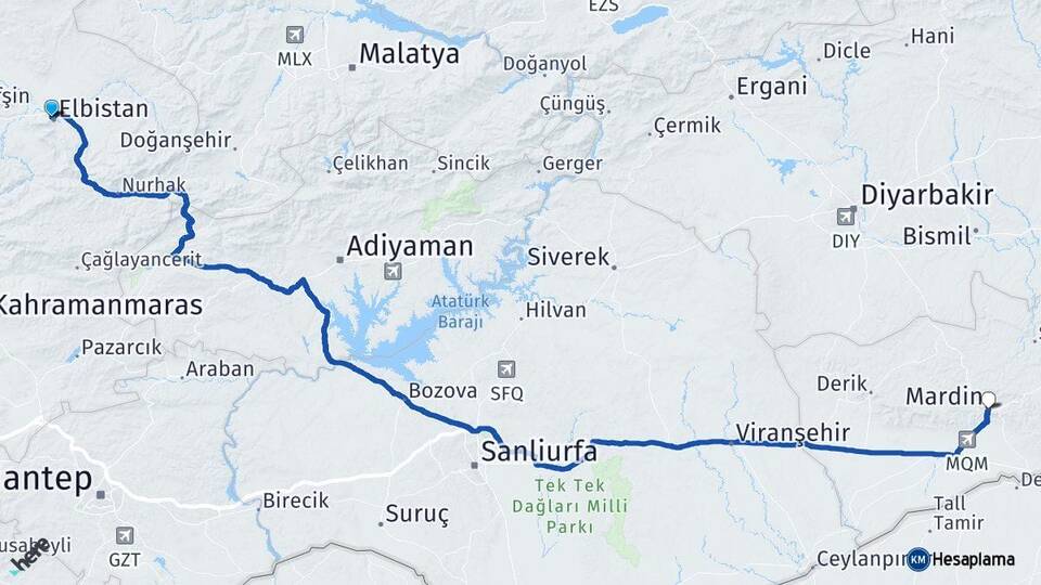 Kahramanmaraş Elbistan Mardin Arası Kaç Km - Yol Haritası
