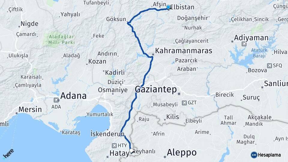 Kahramanmaraş Elbistan Reyhanlı Hatay Arası Kaç Km - Yol Haritası