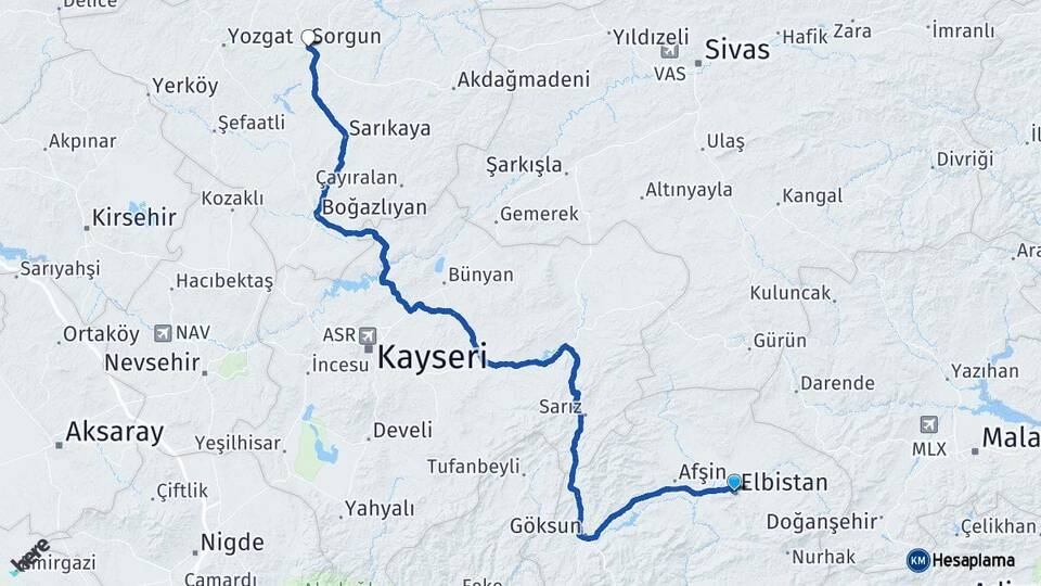 Kahramanmaraş Elbistan Sorgun Yozgat Arası Kaç Km - Yol Haritası