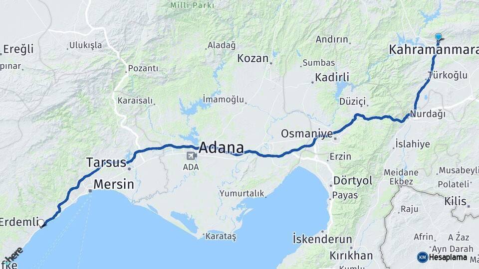 Kahramanmaraş Erdemli Mersin Arası Kaç Km - Yol Haritası