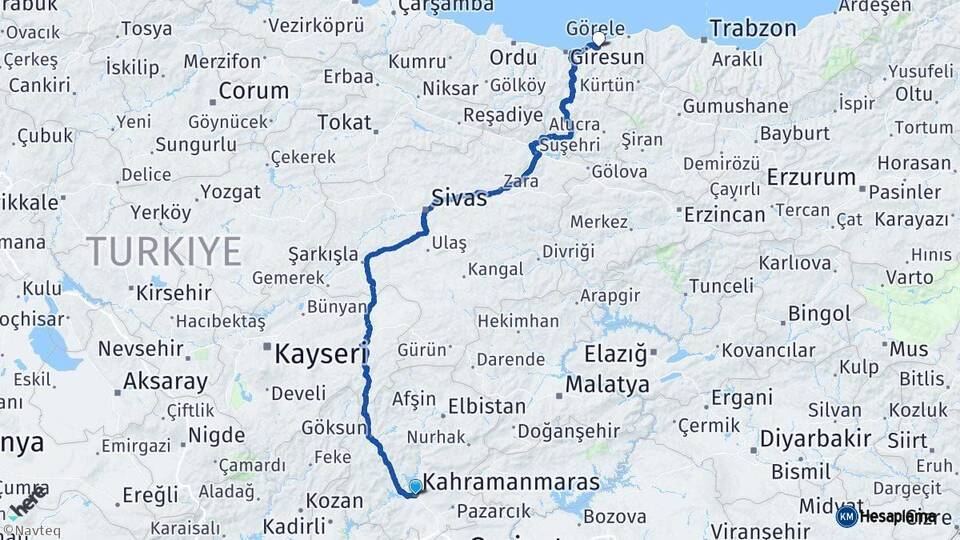 Kahramanmaraş Espiye Giresun Arası Kaç Km - Yol Haritası