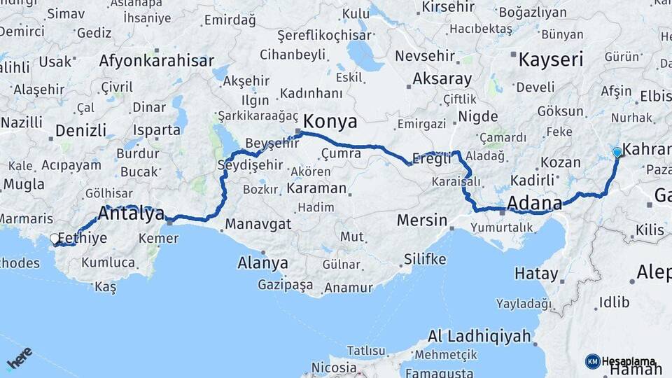 Kahramanmaraş Fethiye Muğla Arası Kaç Km - Yol Haritası