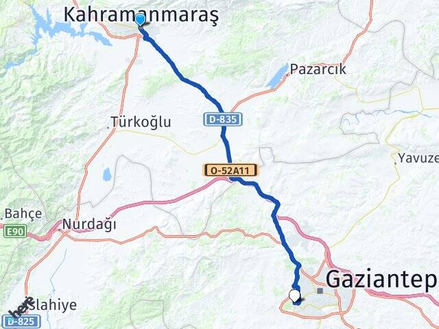 Kahramanmaraş Gaziantep Üniversitesi Arası Kaç Km - Yol Haritası