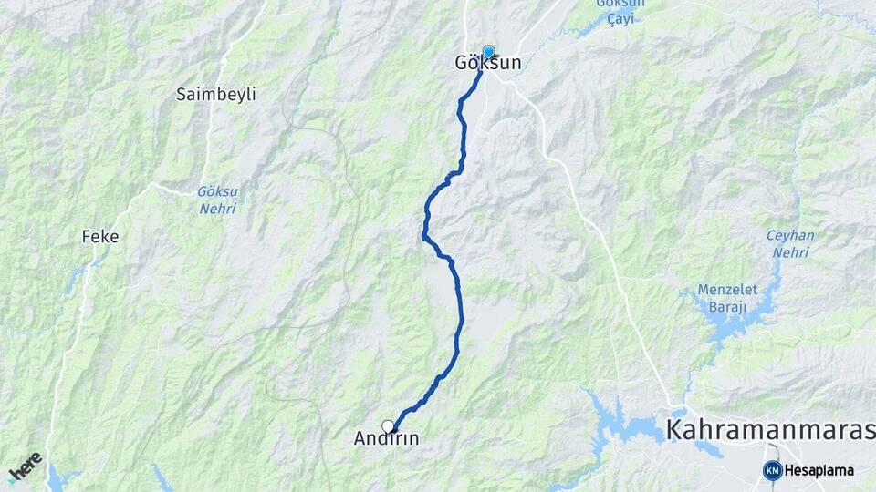 Kahramanmaraş Göksun Andırın Arası Kaç Km - Yol Haritası