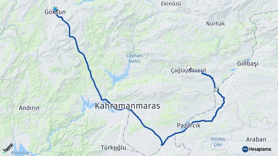 Kahramanmaraş Göksun Çağlayancerit Arası Kaç Km - Yol Haritası