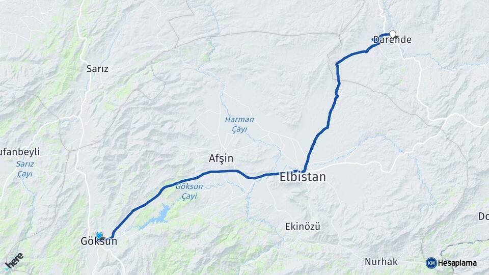 Kahramanmaraş Göksun Darende Malatya Arası Kaç Km - Yol Haritası