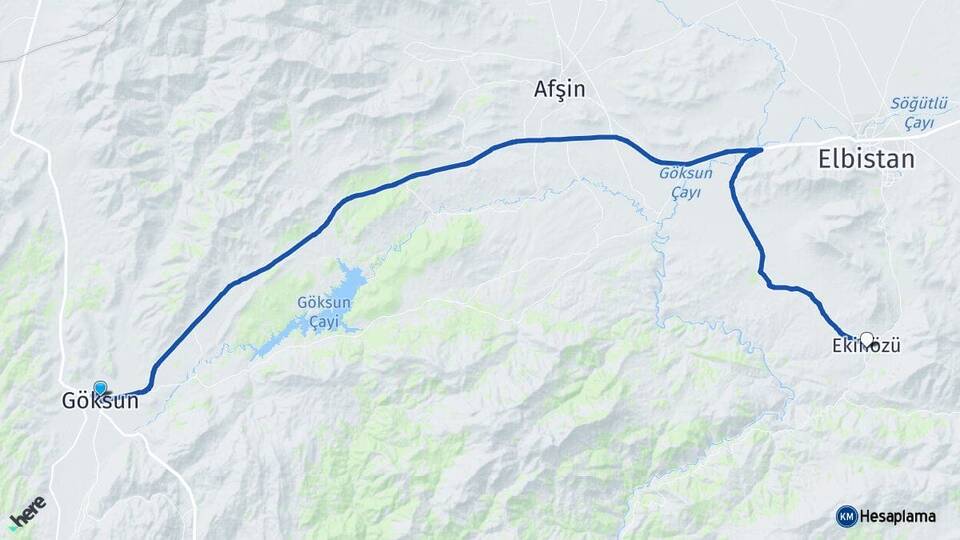 Kahramanmaraş Göksun Ekinözü Arası Kaç Km - Yol Haritası