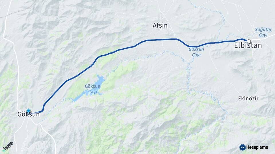 Kahramanmaraş Göksun Elbistan Arası Kaç Km - Yol Haritası