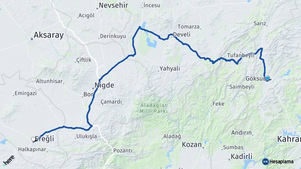 Kahramanmaraş Göksun Ereğli Konya Arası Kaç Km - Yol Haritası