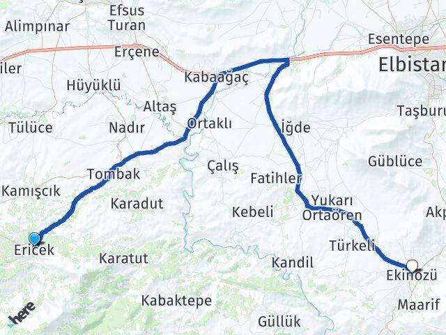 Kahramanmaraş Göksun Ericek Ekinözü Arası Kaç Km - Yol Haritası