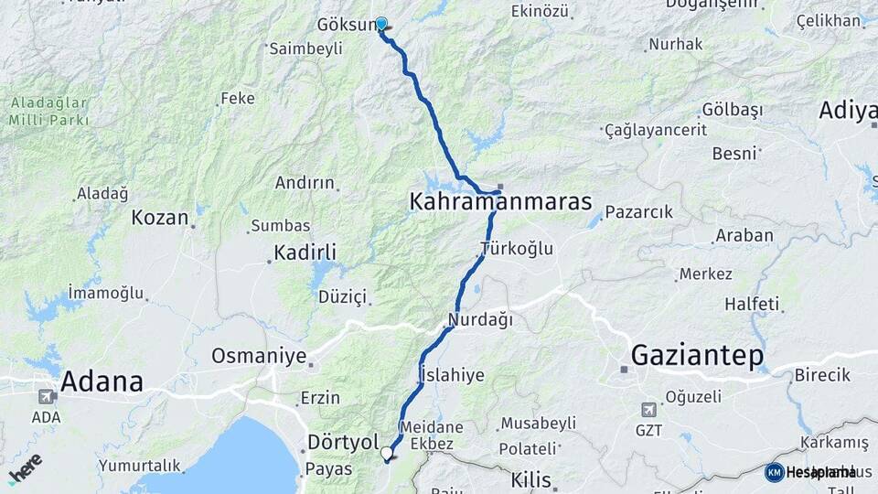Kahramanmaraş Göksun Hassa Hatay Arası Kaç Km - Yol Haritası