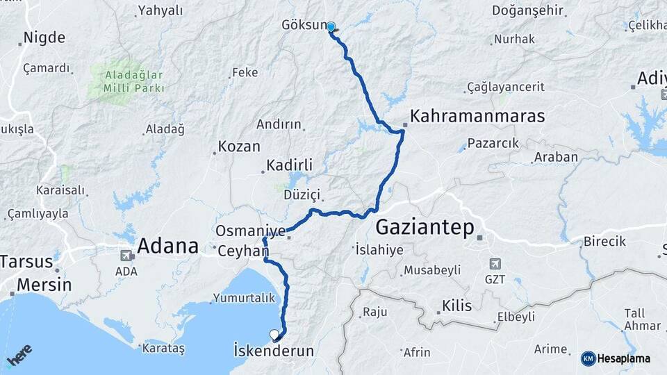 Kahramanmaraş Göksun İskenderun Hatay Arası Kaç Km - Yol Haritası