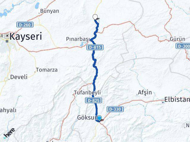 Kahramanmaraş Göksun Kaynar Pınarbaşı Kayseri Arası Kaç Km - Yol Haritası
