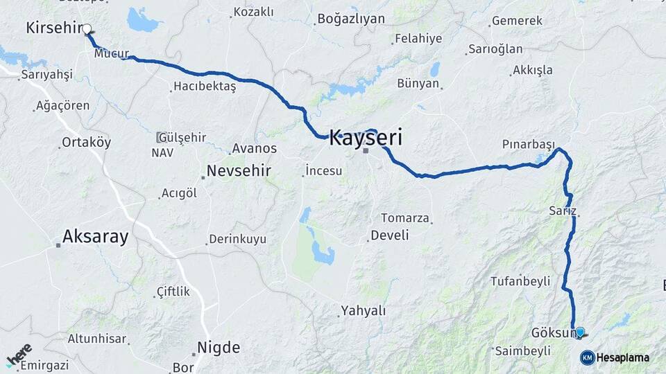 Kahramanmaraş Göksun Kırşehir Arası Kaç Km - Yol Haritası