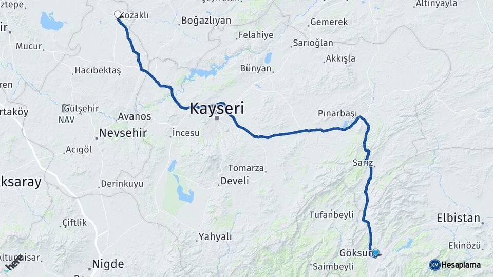 Kahramanmaraş Göksun Kozaklı Nevşehir Arası Kaç Km - Yol Haritası