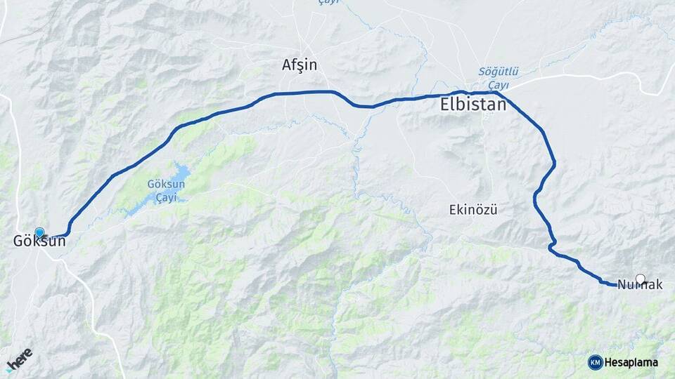 Kahramanmaraş Göksun Nurhak Arası Kaç Km - Yol Haritası