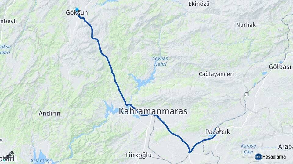 Kahramanmaraş Göksun Pazarcık Arası Kaç Km - Yol Haritası