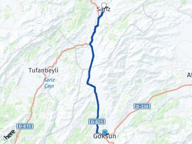 Kahramanmaraş Göksun Sarız Kayseri Arası Kaç Km - Yol Haritası