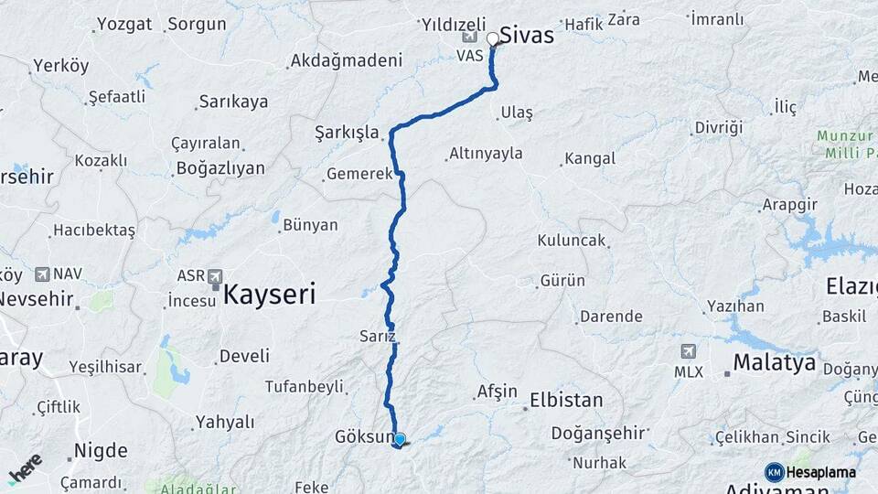 Kahramanmaraş Göksun Sivas Arası Kaç Km - Yol Haritası